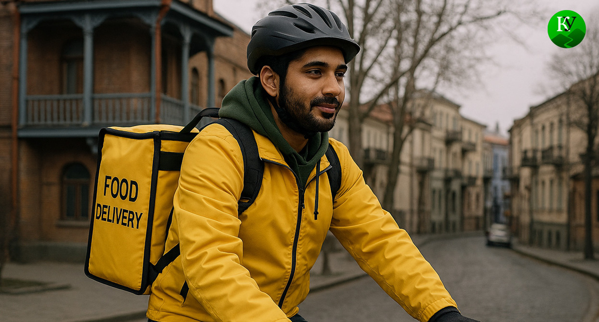 Курьер в Грузии. Иллюстрация создана «Кавказским узлом» с помощью ИИ в программе Copilot