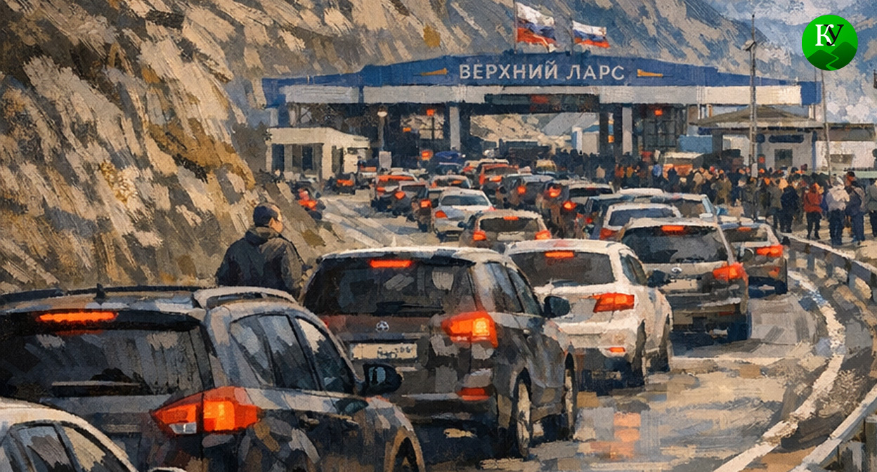 Очередь на КПП "Верхний Ларс". Иллюстрация создана «Кавказским узлом» с помощью ИИ в программе Copilot