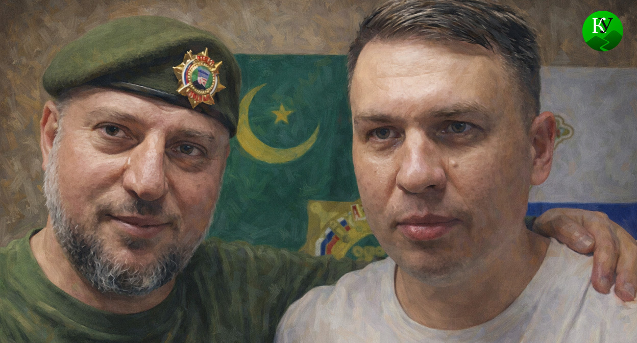 Апти Алаудинов и Илья Ремесло. Иллюстрация создана «Кавказским узлом» с помощью ИИ в программе Copilot