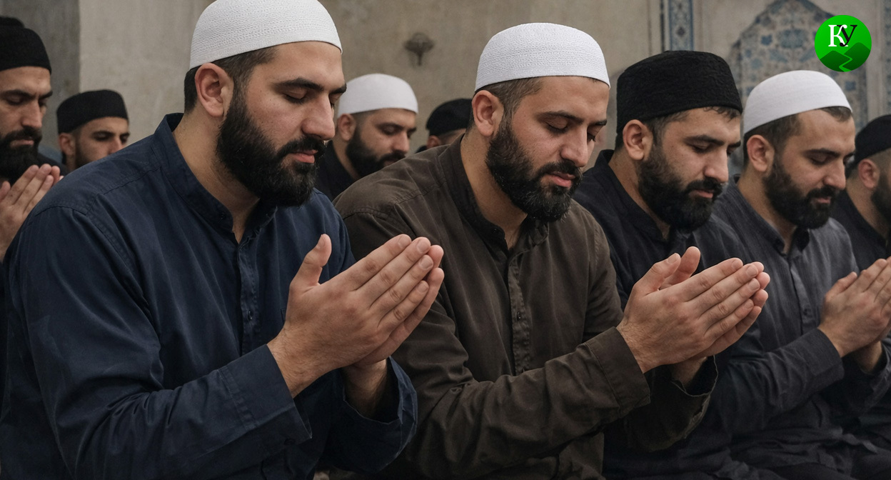 Верующие во время молитвы. Иллюстрация создана "Кавказским узлом" при помощи ИИ в программе Copilot