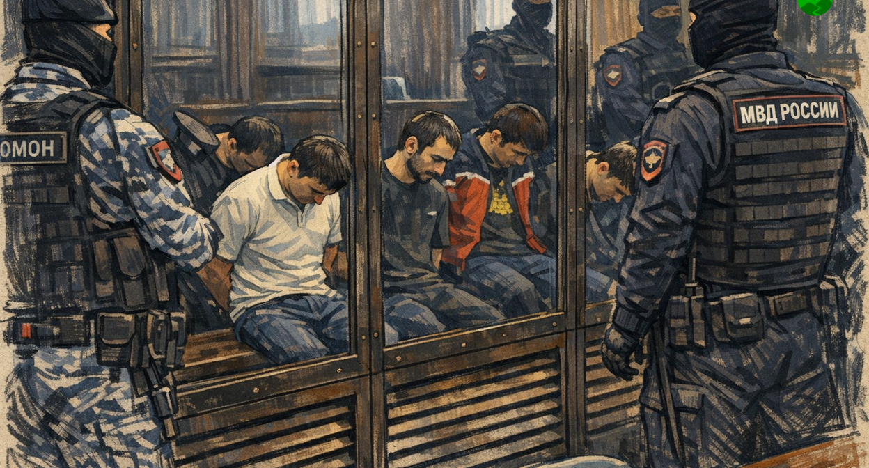 Приговор по делу о теракте в "Крокус Сити". Иллюстрация создана "Кавказским узлом" с помощью ИИ в программе Copilot