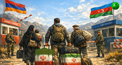 Беженцы из Ирана. Иллюстрация создана «Кавказским узлом» с помощью ИИ в программе Copilot