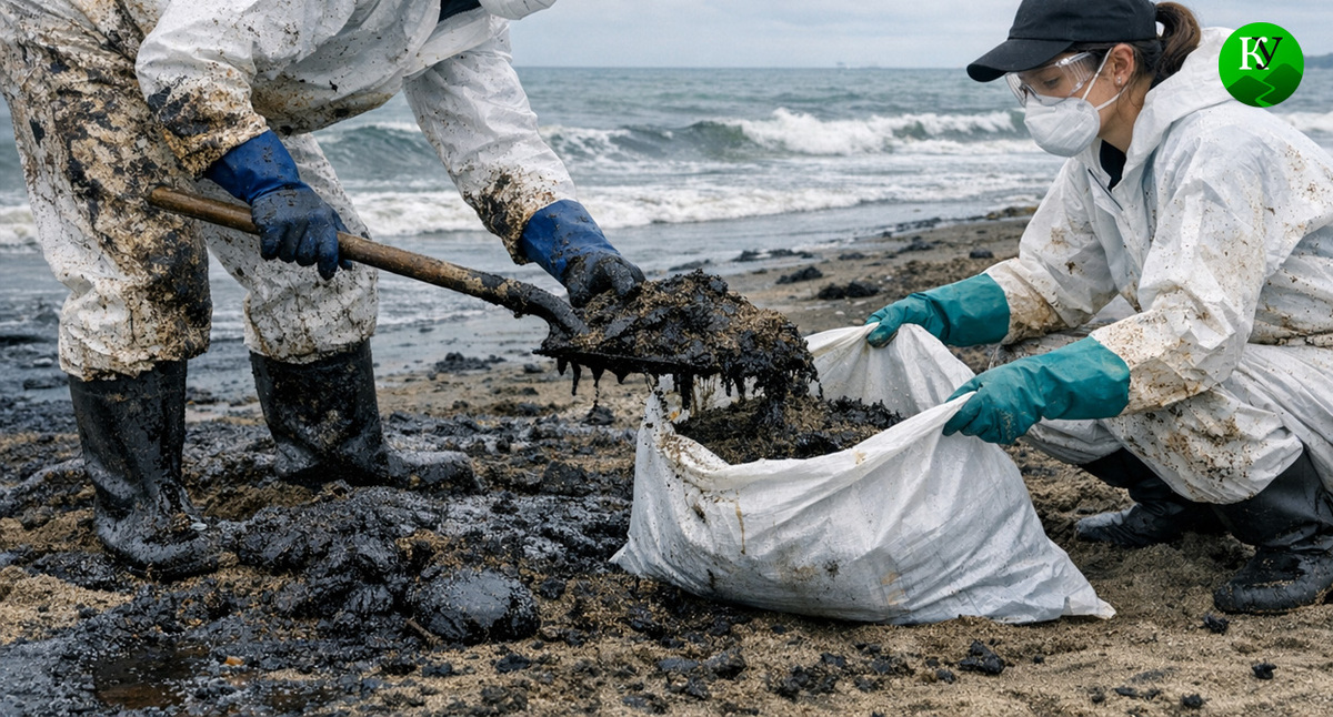 Уборка мазута. Иллюстрация создана «Кавказским узлом» с помощью ИИ в программе Copilot