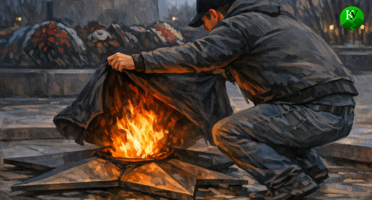 Мужчина тушит вечный огонь. Иллюстрация создана «Кавказским узлом» с помощью ИИ в программе Copilot Мужчина тушит вечный огонь. Иллюстрация создана «Кавказским узлом» с помощью ИИ в программе Copilot