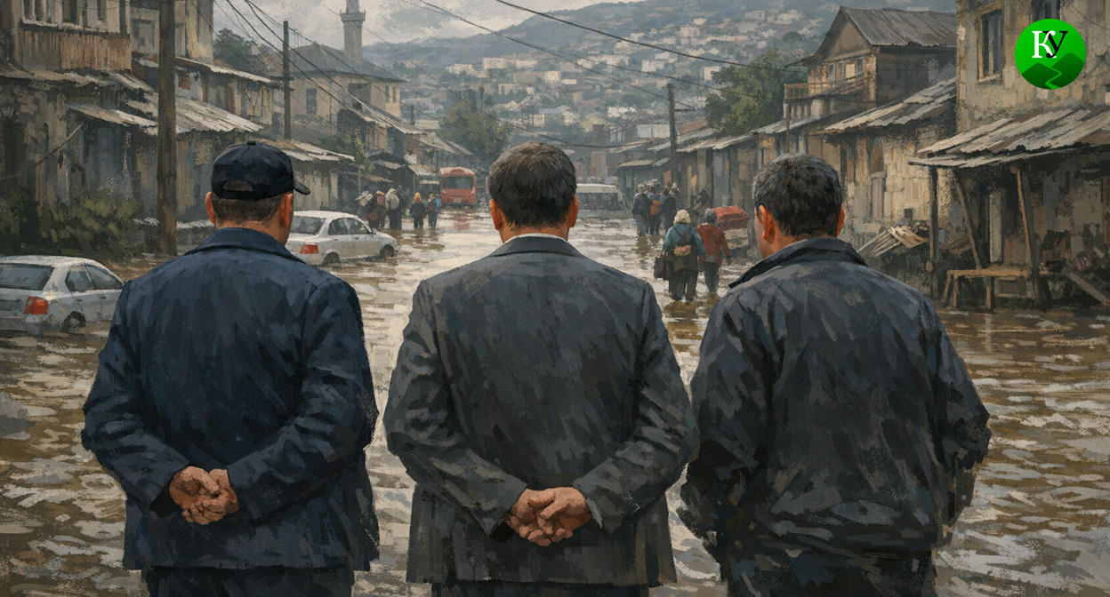 Чиновники на фоне затопления. Иллюстрация создана «Кавказским узлом» с помощью ИИ в программе Copilot