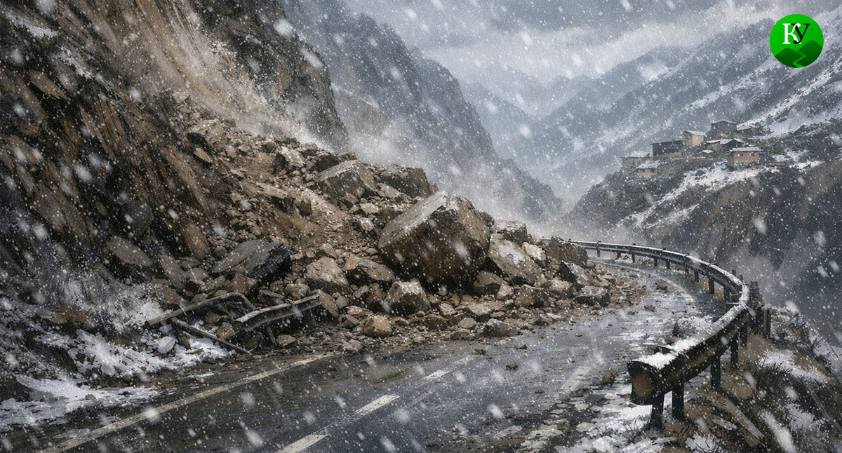 Оползень на горной дороге. Иллюстрация создана «Кавказским узлом» с помощью ИИ в программе Copilot