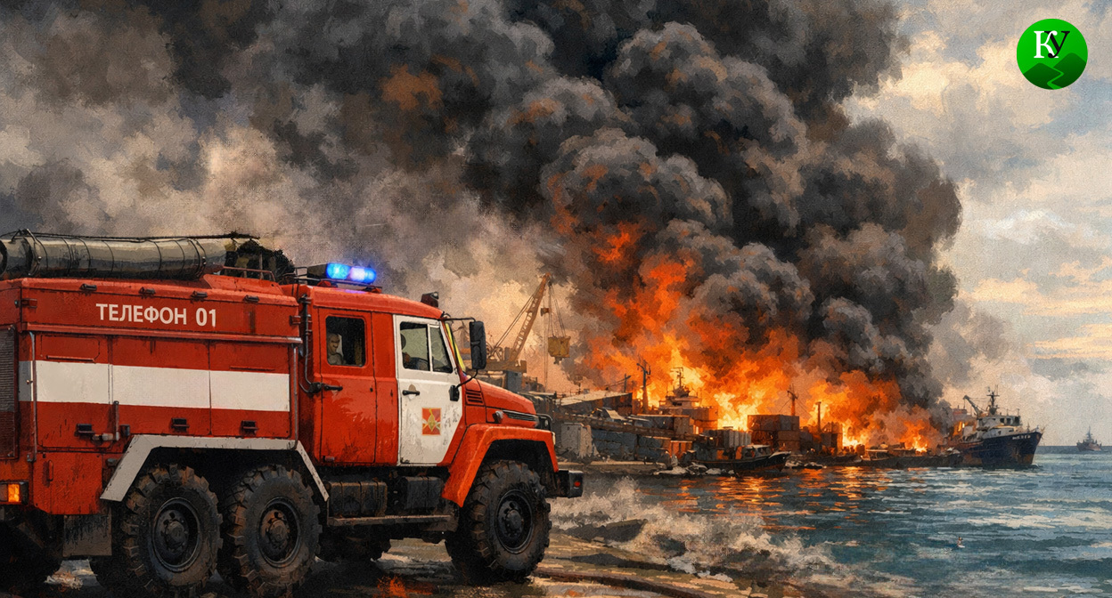 Пожар в порту. Иллюстрация создана «Кавказским узлом» с помощью ИИ в программе Copilot