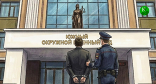 Мужчина в наручниках и сотрудник полиции возле здания суда. Иллюстрация создана "Кавказским узлом" при помощи ИИ в программе Copilot