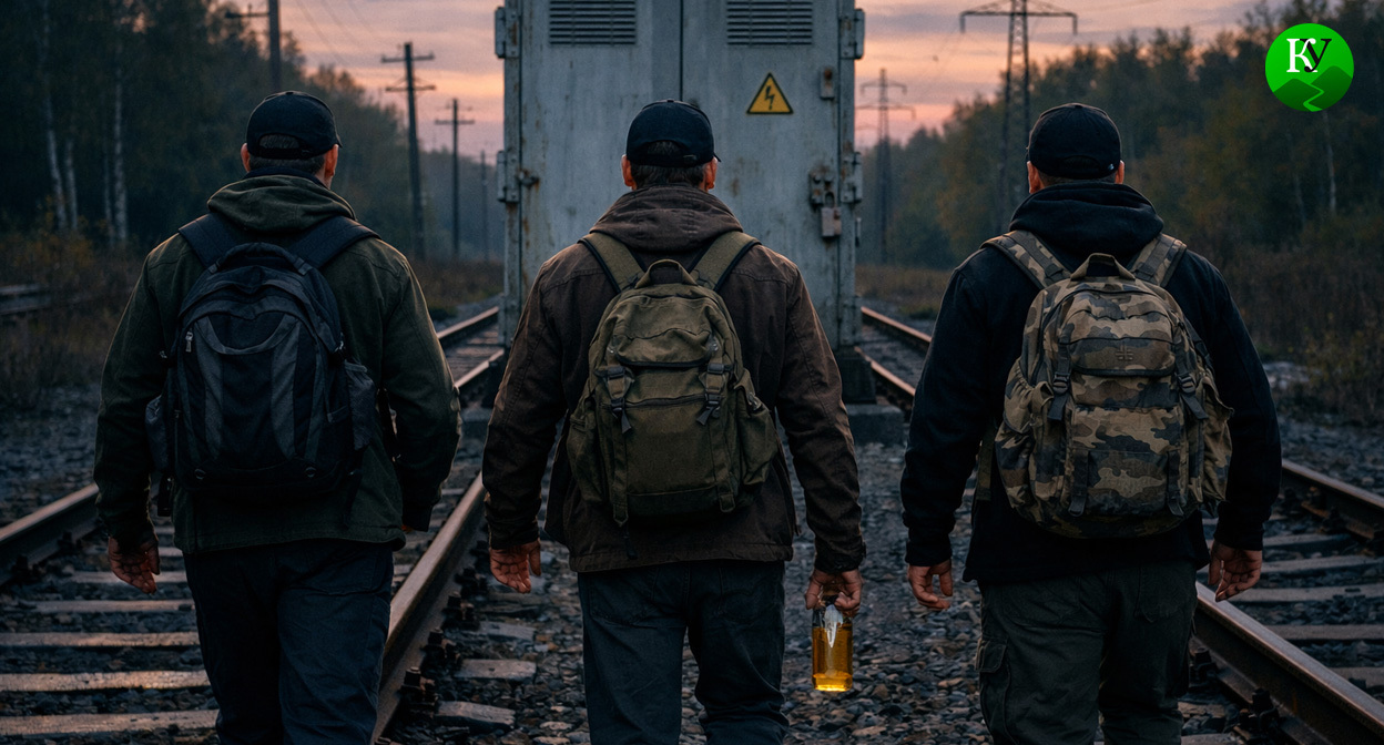 Мужчины на железной дороге. Иллюстрация создана «Кавказским узлом» с помощью ИИ в программе Copilot