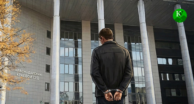 Осужденный на фоне здания суда. Иллюстрация создана "Кавказским узлом" при помощи ИИ в программе Copilot