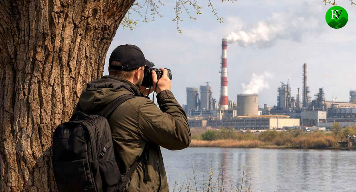 Мужчина фотографирует предприятие. Иллюстрация создана «Кавказским узлом» с помощью ИИ в программе Copilot