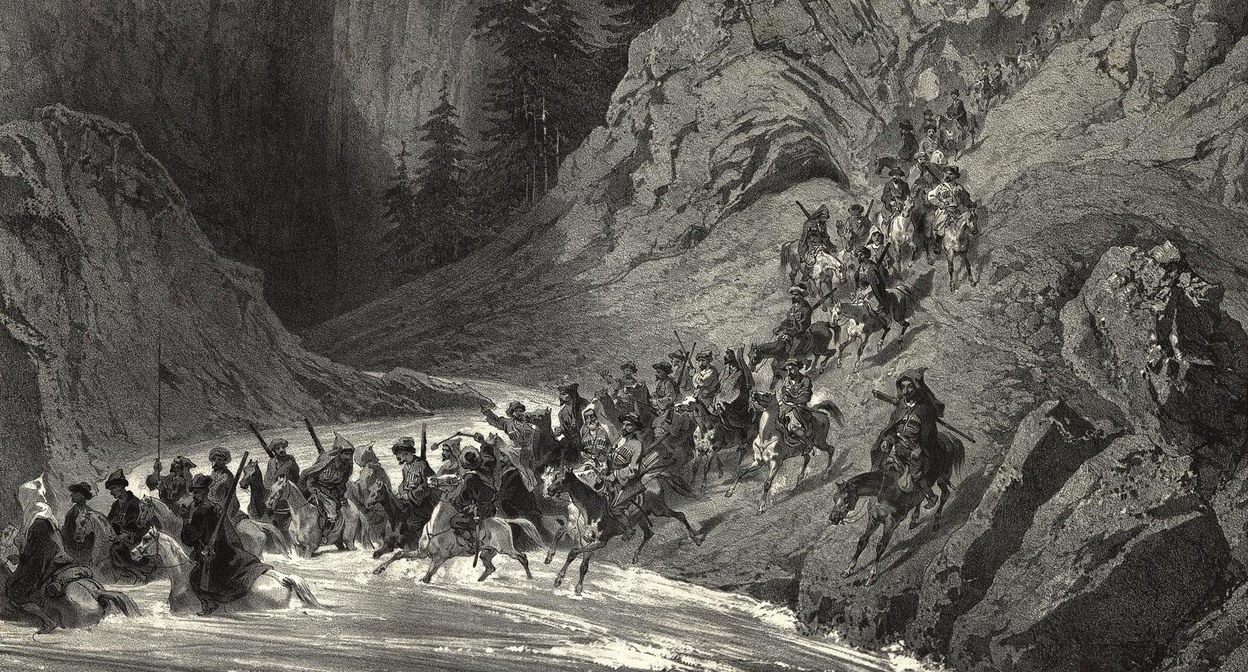 Фрагмент литографии "Черкесы у Черного моря”, Г.Г. Гагарин, 1847. The New York Public Library Digital Collections / digitalcollections.nypl.org Фрагмент литографии "Черкесы у Черного моря”, Г.Г. Гагарин, 1847. The New York Public Library Digital Collections / digitalcollections.nypl.org