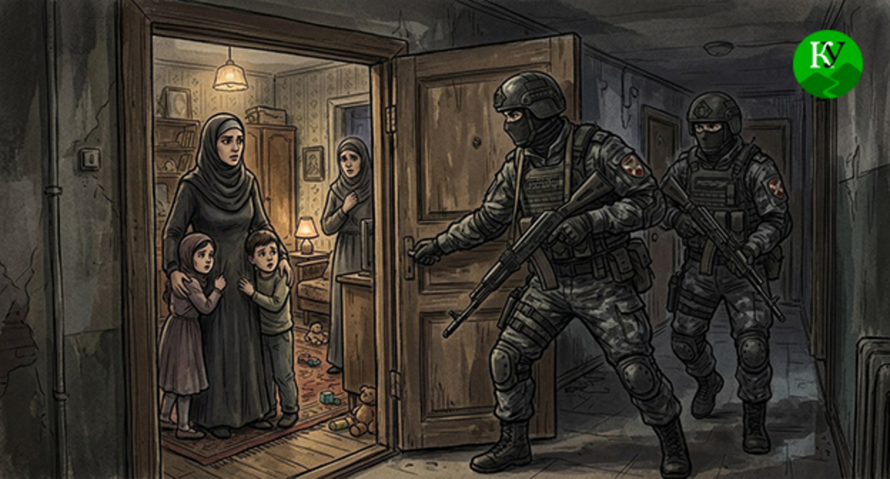 Сотрудники силовых структур заходят в квартиру. Иллюстрация создана "Кавказским узлом" при помощи ИИ в программе Copilot