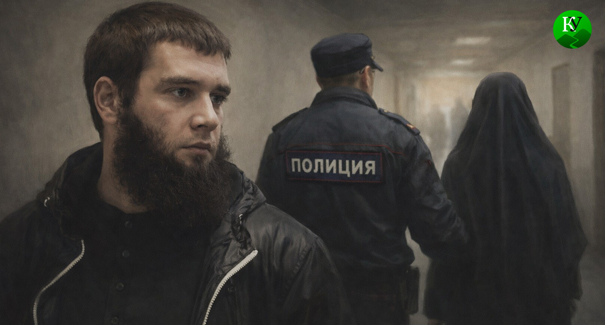 Кирилл Присяжнюк и силовик ведущий его супругу на допрос. Иллюстрация создана «Кавказским узлом» с помощью ИИ в программе Copilot