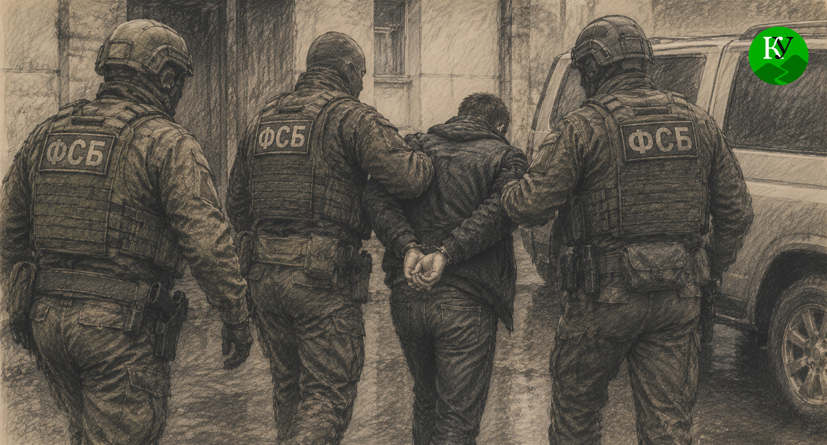 Cотрудники ФСБ задерживают мужчину. Иллюстрация создана "Кавказским узлом" при помощи ИИ в программе Copilot