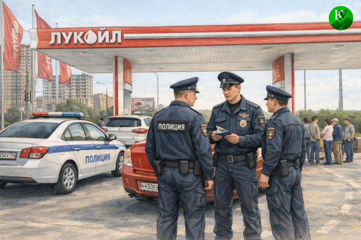 Полиция на АЗС. Иллюстрация создана "Кавказским узлом" с помощью ИИ в программе Copilot.