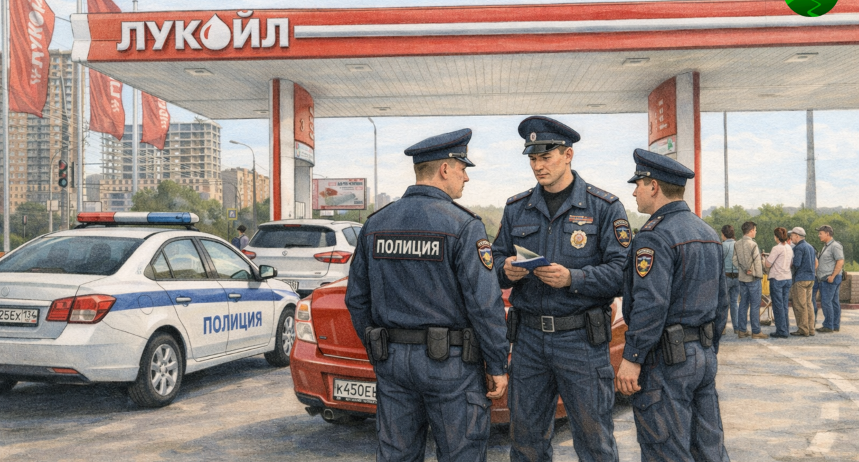 Полиция на АЗС. Иллюстрация создана "Кавказским узлом" с помощью ИИ в программе Copilot.