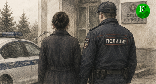 Женщина стоит рядом с сотрудником полиции. Иллюстрация создана "Кавказским узлом" при помощи ИИ в программе Copilot