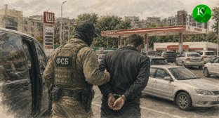 Cотрудник ФСБ задерживает мужчину. Иллюстрация создана "Кавказским узлом" при помощи программы Copilot
