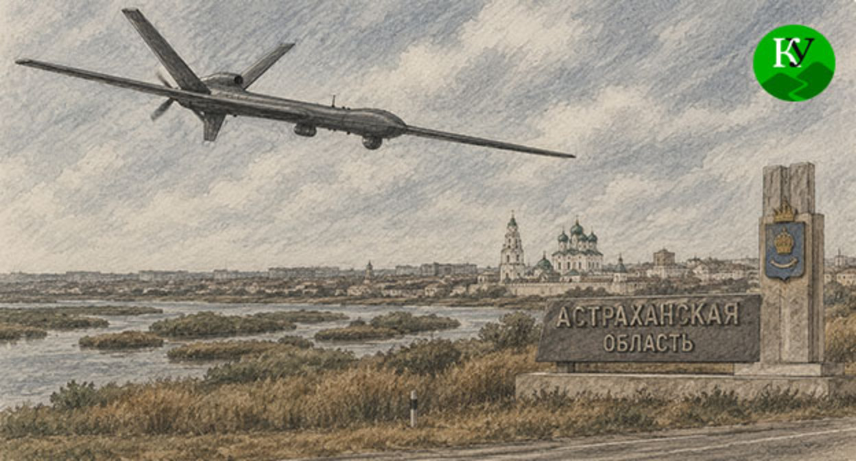 Беспилотник летит над Астраханской областью. Иллюстрация создана "Кавказским узлом" при помощи ИИ в программе Copilot Беспилотник летит над Астраханской областью. Иллюстрация создана "Кавказским узлом" при помощи ИИ в программе Copilot