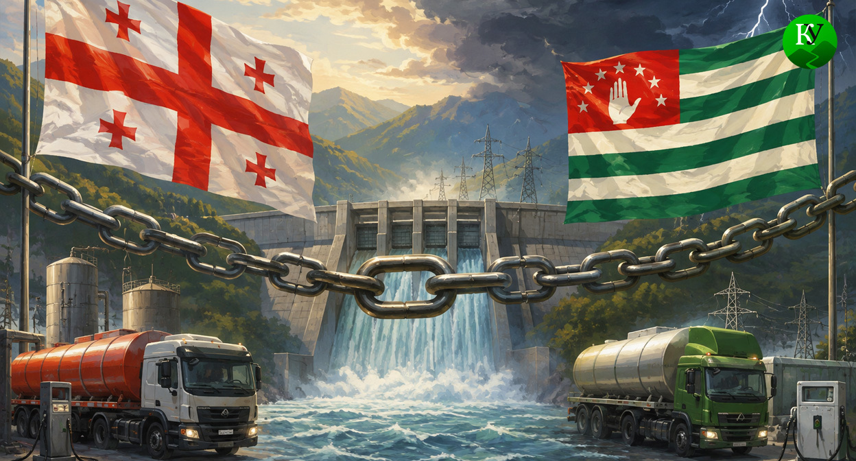 ГЭС и флаги Грузии и Абхазии. Иллюстрация создана «Кавказским узлом» с помощью ИИ в программе Copilot