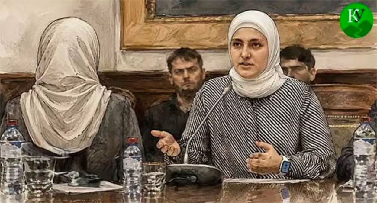 Айшат Кадырова общается с женщиной. Иллюстрация создана "Кавказским узлом" при помощи ИИ в программе Copilot Айшат Кадырова общается с женщиной. Иллюстрация создана "Кавказским узлом" при помощи ИИ в программе Copilot