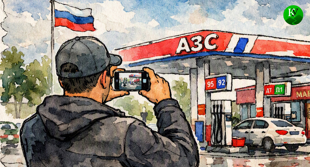 Активист снимает АЗС. Иллюстрация создана «Кавказским узлом» с помощью ИИ в программе Copilot