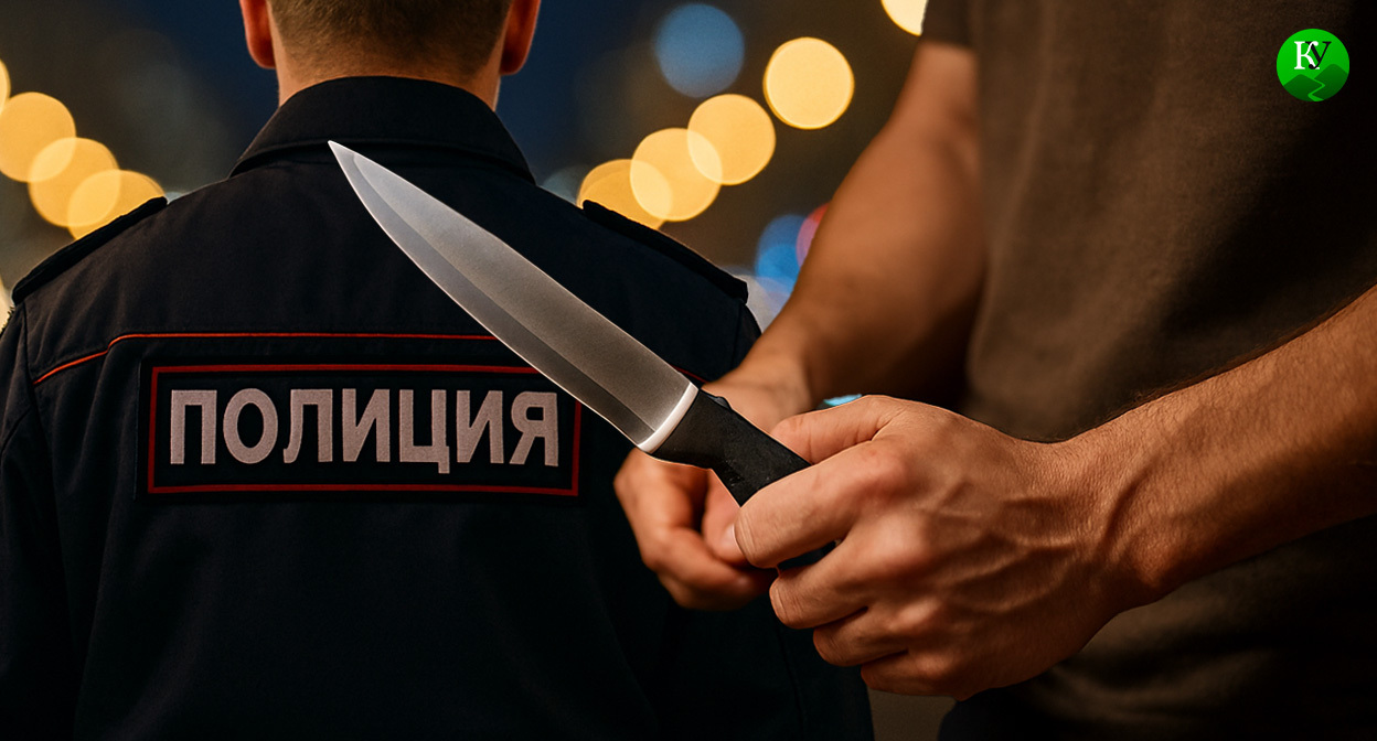 Мужчина с ножом и силовик. Иллюстрация создана «Кавказским узлом» с помощью ИИ в программе Copilot