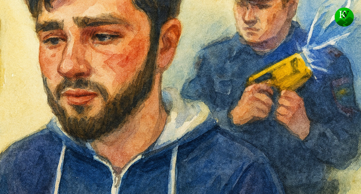 Эльдар Кюльбяков и силовик с электрошокером. Иллюстрация создана «Кавказским узлом» с помощью ИИ в программе Copilot Эльдар Кюльбяков и силовик с электрошокером. Иллюстрация создана «Кавказским узлом» с помощью ИИ в программе Copilot