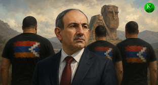 Пашинян и переселенцы. Иллюстрация создана «Кавказским узлом» с помощью ИИ в программе Copilot