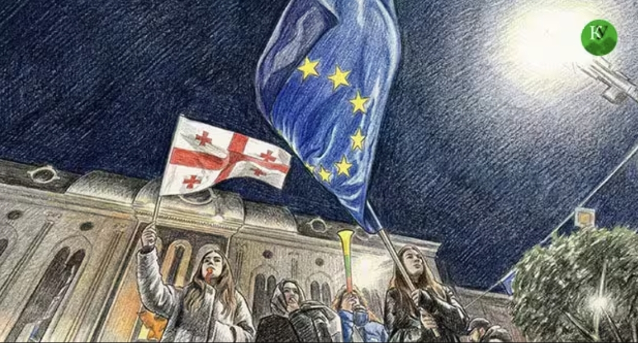 Участники акции протеста в Тбилиси. Иллюстрация создана "Кавказским узлом" при помощи ИИ в программе Copilot