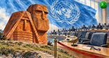 Монумент в Нагорном Карабахе и ООН. Иллюстрация создана «Кавказским узлом» с помощью ИИ в программе Copilot