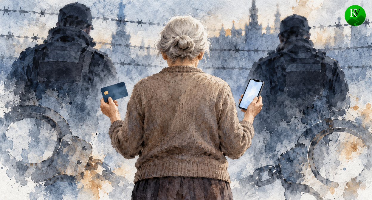 Пенсионерка делает перевод. Иллюстрация создана «Кавказским узлом» с помощью ИИ в программе Copilot