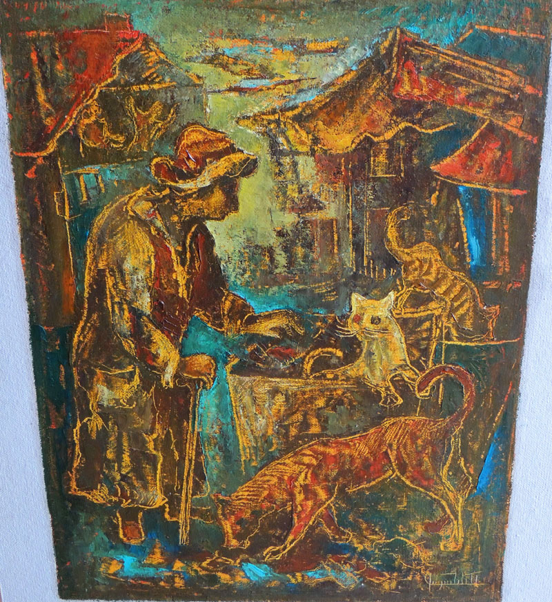 Женщина, кошки, мусорный бак. Женщина, кошки, мусорный бак.