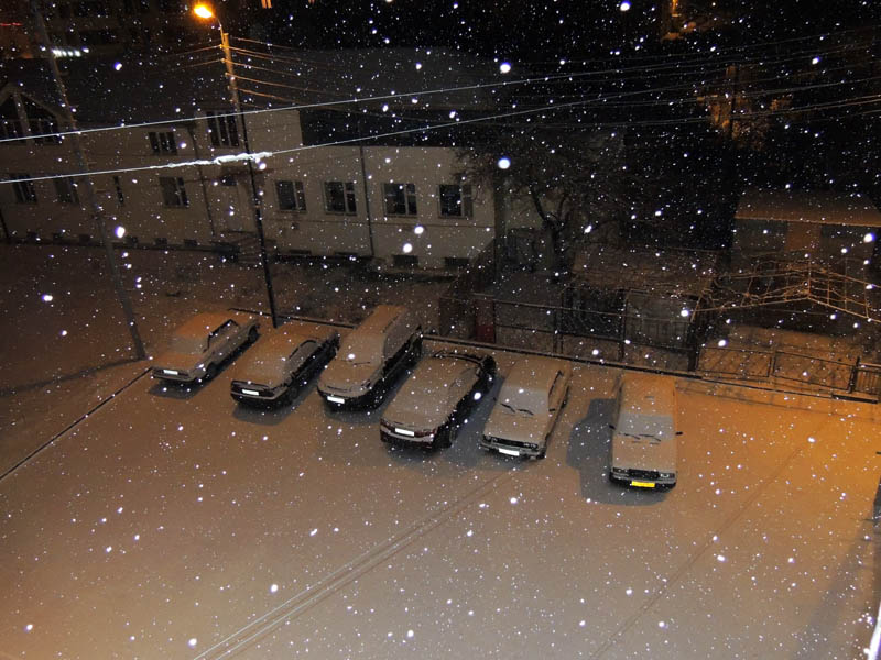 Ночью пошёл снег. Наш двор.